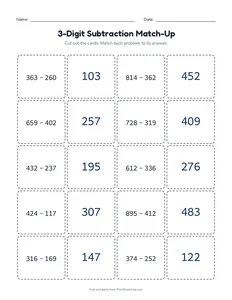 3-Digit Subtraction Match-Up printable worksheet for grades 2 and 3