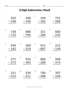 3-Digit Subtraction, Mixed printable worksheet for grades 2 and 3