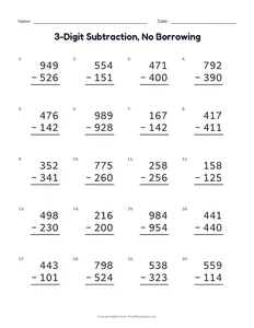 3-Digit Subtraction, No Borrowing printable worksheet for grades 2 and 3