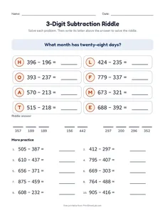 3-Digit Subtraction Riddle printable worksheet for grades 2 and 3