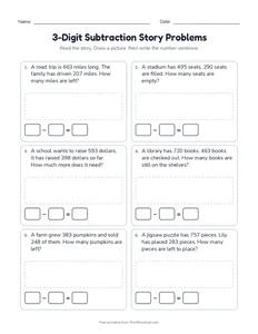 3-Digit Subtraction Story Problems printable worksheet for grades 2 and 3