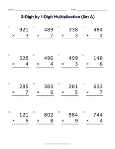 3-Digit by 1-Digit Multiplication (Set A) printable worksheet for grade 4