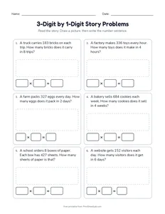 3-Digit by 1-Digit Story Problems printable worksheet for grade 4