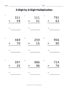 3-Digit by 2-Digit Multiplication printable worksheet for grades 4 and 5