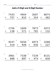 Add a 4-Digit and 3-Digit Number printable worksheet for grades 3 to 5