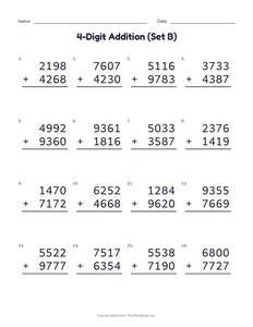 4-Digit Addition (Set B) printable worksheet for grades 3 to 5