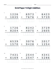 Grid Paper 4-Digit Addition printable worksheet for grades 3 to 5