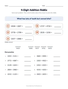 4-Digit Addition Riddle printable worksheet for grades 3 to 5