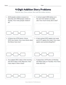 4-Digit Addition Story Problems printable worksheet for grades 3 to 5