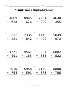 4-Digit Minus 3-Digit Subtraction printable worksheet for grades 4 and 5