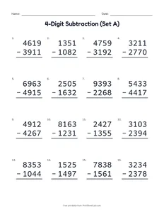 4-Digit Subtraction (Set A) printable worksheet for grades 4 and 5