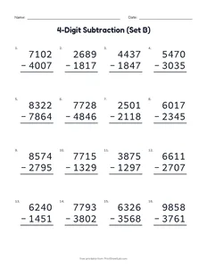 4-Digit Subtraction (Set B) printable worksheet for grades 4 and 5