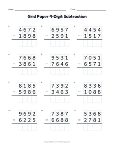 Grid Paper 4-Digit Subtraction printable worksheet for grades 4 and 5