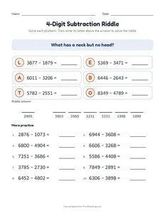 4-Digit Subtraction Riddle printable worksheet for grades 4 and 5