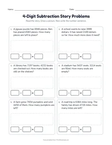 4-Digit Subtraction Story Problems printable worksheet for grades 4 and 5