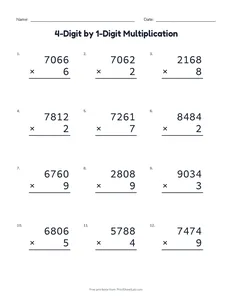 4-Digit by 1-Digit Multiplication printable worksheet for grade 4