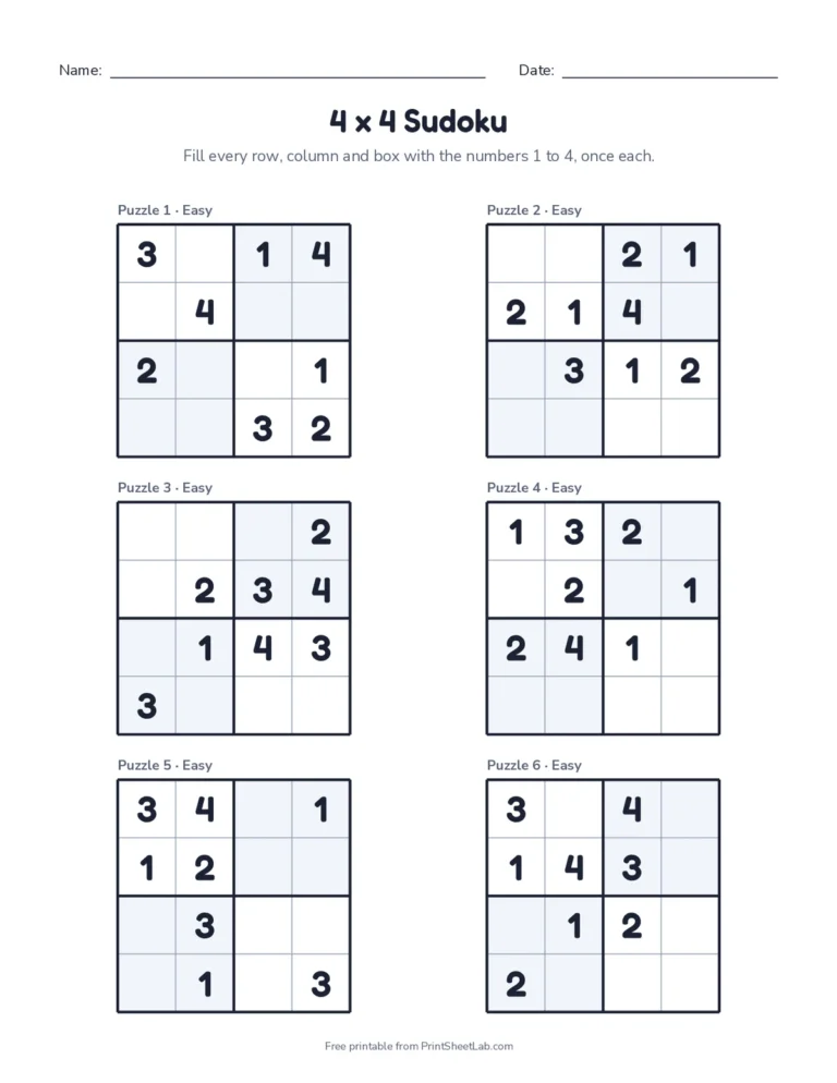 Printable sudoku for kids: twelve easy 4x4 sudoku puzzles with answer keys