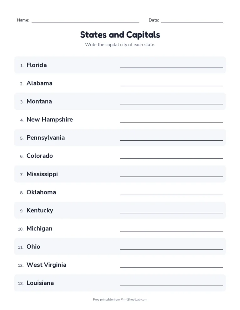 States and capitals worksheets: write-the-capital quiz for all 50 states and capitals with answer key