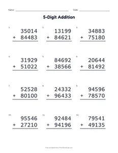 5-Digit Addition printable worksheet for grades 3 to 5