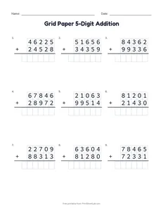 Grid Paper 5-Digit Addition printable worksheet for grades 3 to 5