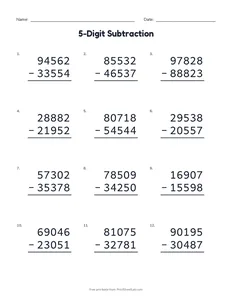 5-Digit Subtraction printable worksheet for grades 4 and 5