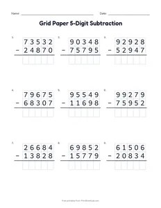 Grid Paper 5-Digit Subtraction printable worksheet for grades 4 and 5