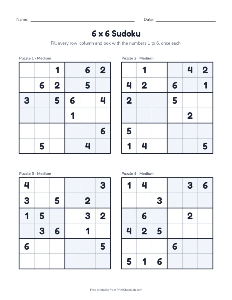 Eight medium 6x6 sudoku puzzles with 2 by 3 boxes and answer keys