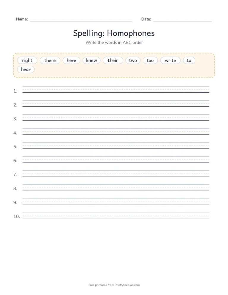 ABC order worksheet with homophones and an answer key