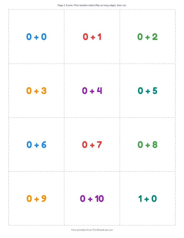 Printable addition flash cards within 10, 66 cards, double-sided