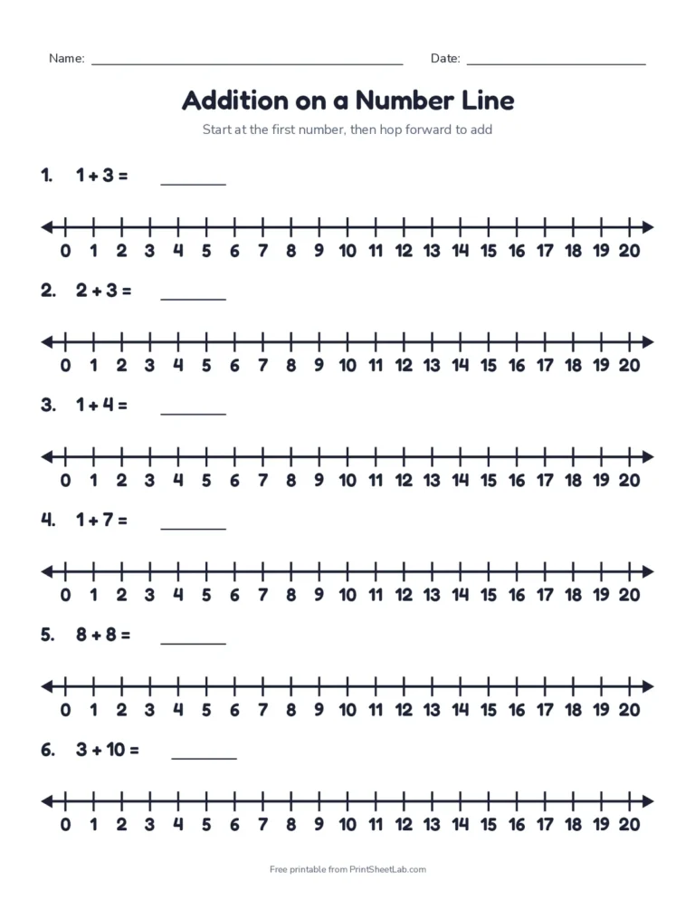 Addition on a number line worksheet within 20 with an answer key showing each hop