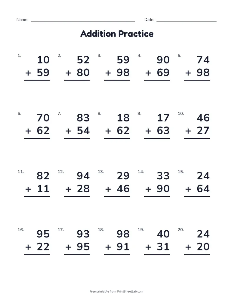 Addition worksheets printable: 20 two-digit addition problems, some with regrouping, and a name and date line