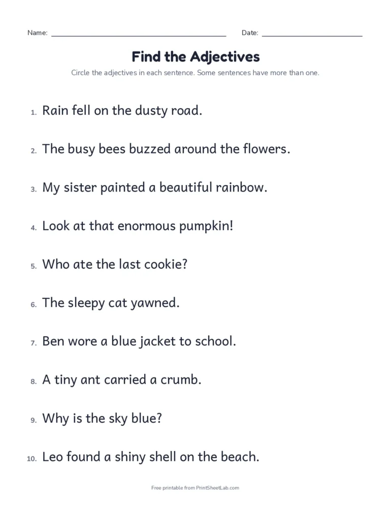 Adjective worksheet: circle the describing words in each sentence, with answer key