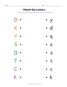 Uppercase and Lowercase Matching printable worksheet for preschool and kindergarten