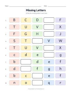Missing Letters (Set B) printable worksheet for preschool and kindergarten