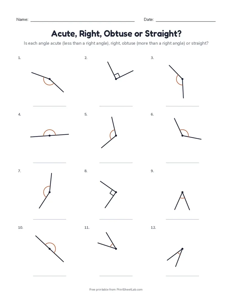 Acute, Right, Obtuse or Straight? printable worksheet for grade 4