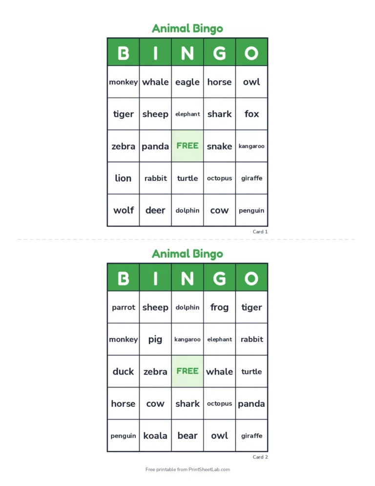Ten animal word bingo cards with a caller sheet