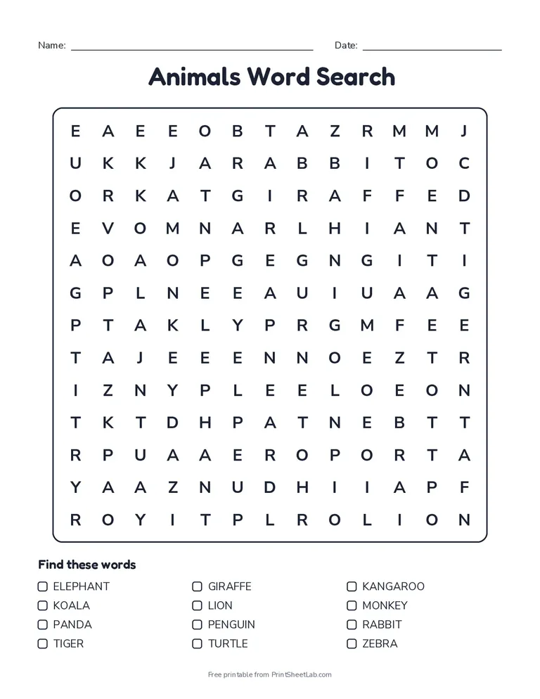 Animal word search example