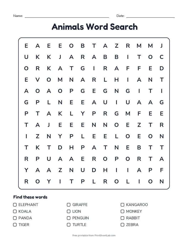 An animals puzzle made with the word search maker: a 13 by 13 letter grid, a name and date line, and a word list to tick off