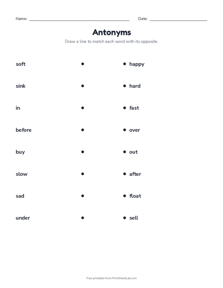 Match the opposites worksheet with answer key