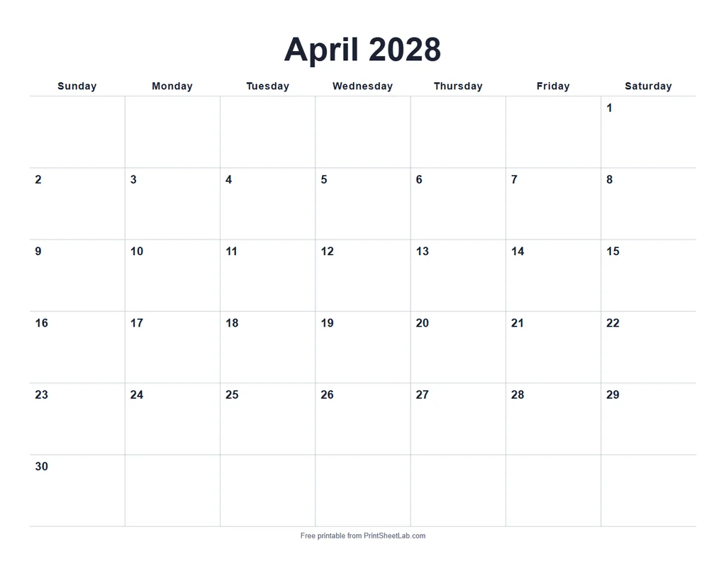 April 2028 calendar printable in the minimal design with a plum color theme