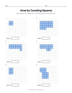 Area by Counting Squares printable worksheet for grades 3 and 4