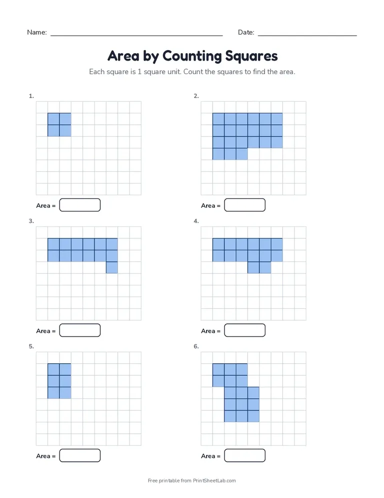 Area by Counting Squares printable worksheet for grades 3 and 4