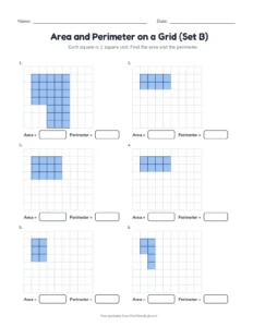 Area and Perimeter on a Grid (Set B) printable worksheet for grades 3 and 4