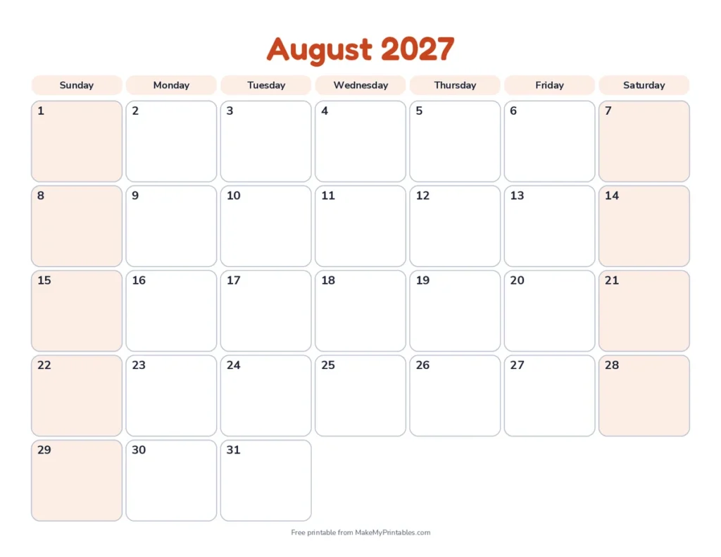 August 2027 calendar printable in the playful design with a tomato color theme