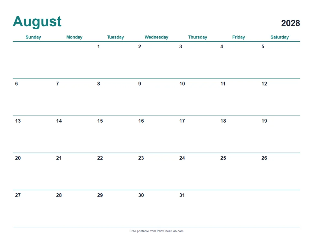 August 2028 calendar printable in the modern design with a teal color theme