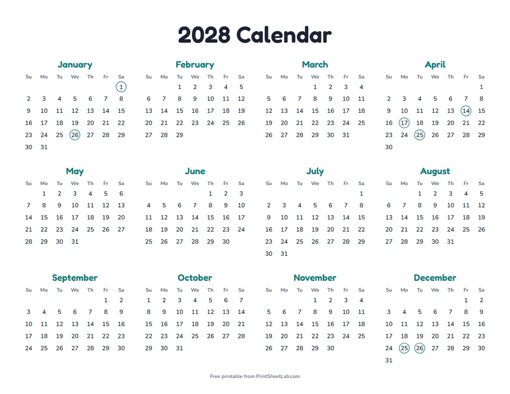 Australia Public Holidays 2028 in the teal color theme