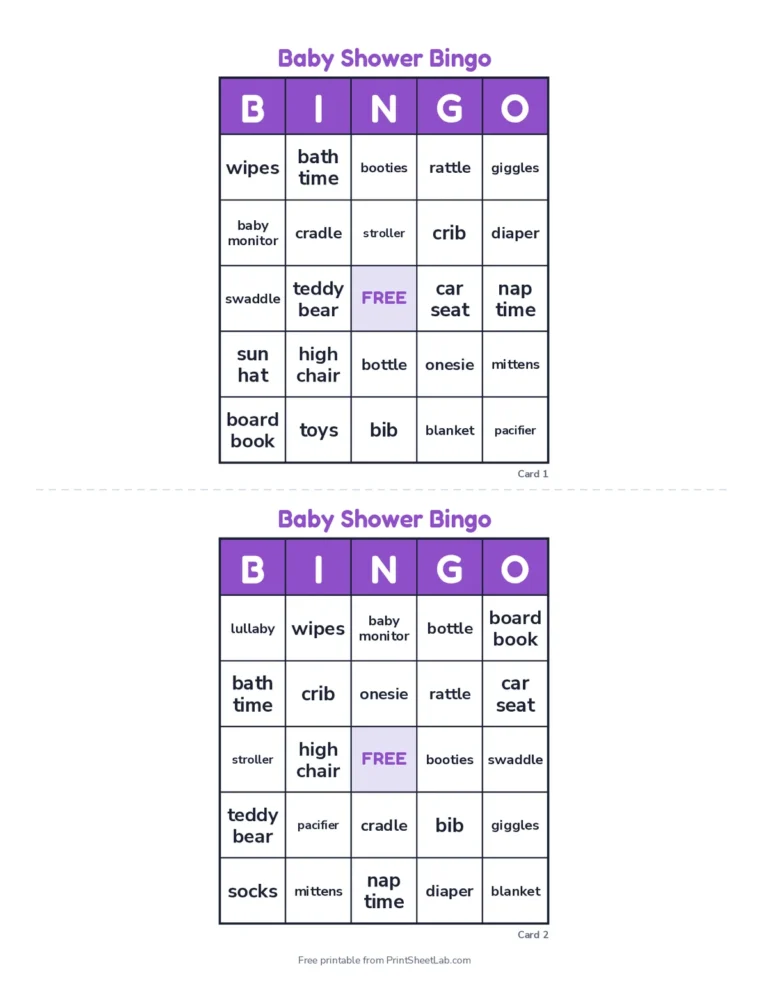Ten baby shower bingo cards with gift words and a caller sheet