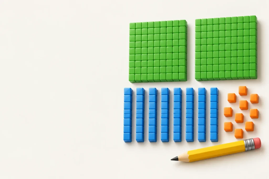 Illustration of green base ten flats, blue rods and orange unit cubes with a pencil
