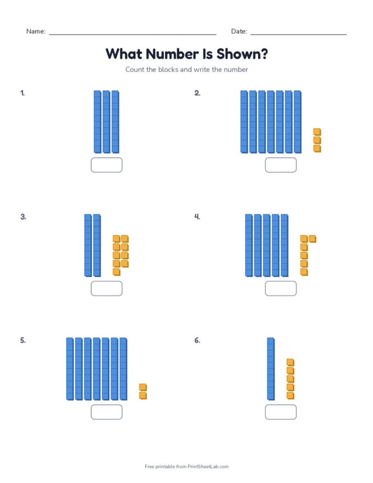 Worksheet: count the base ten rods and units and write each 2-digit number, with answer key