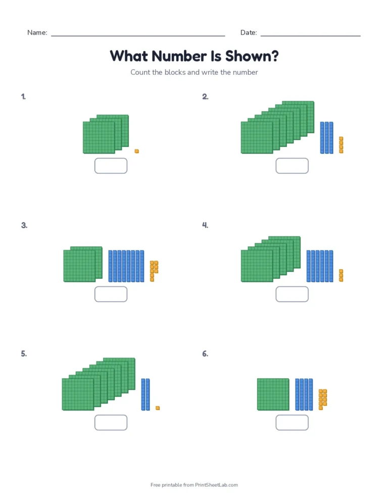 Worksheet: count flats, rods and units and write each 3-digit number, with answer key
